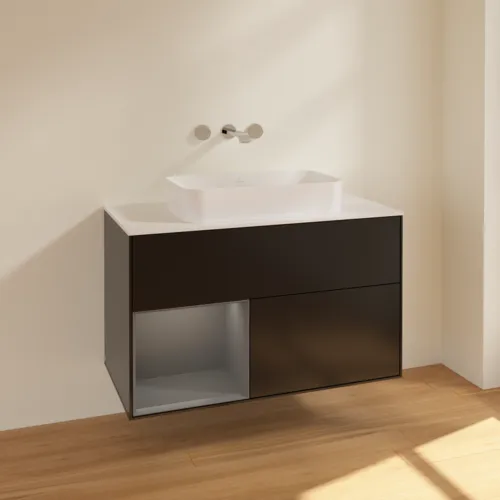 Bild von VILLEROY BOCH Finion Waschbeckenunterschrank, mit Beleuchtung, 2 Auszüge, 1000 x 603 x 501 mm, Black Matt Lacquer / Anthracite Matt Lacquer / Glass White Matt #F651GKPD