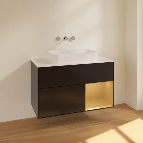 Bild von VILLEROY BOCH Finion Waschbeckenunterschrank, mit Beleuchtung, 2 Auszüge, 1000 x 603 x 501 mm, Black Matt Lacquer / Gold Matt Lacquer / Glass White Matt #F661HFPD