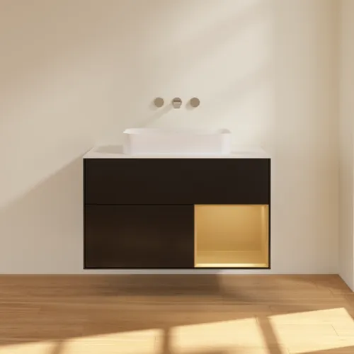 Bild von VILLEROY BOCH Finion Waschbeckenunterschrank, mit Beleuchtung, 2 Auszüge, 1000 x 603 x 501 mm, Black Matt Lacquer / Gold Matt Lacquer / Glass White Matt #F661HFPD
