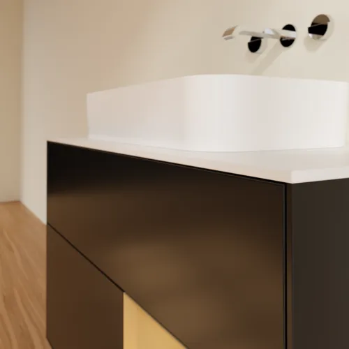 Bild von VILLEROY BOCH Finion Waschbeckenunterschrank, mit Beleuchtung, 2 Auszüge, 1000 x 603 x 501 mm, Black Matt Lacquer / Gold Matt Lacquer / Glass White Matt #F661HFPD