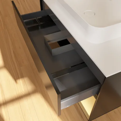 Bild von VILLEROY BOCH Finion Waschbeckenunterschrank, mit Beleuchtung, 2 Auszüge, 1000 x 603 x 501 mm, Black Matt Lacquer / Gold Matt Lacquer / Glass White Matt #F661HFPD