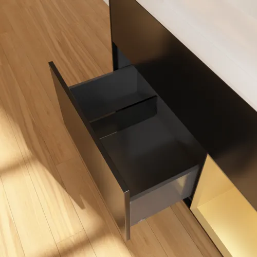 Bild von VILLEROY BOCH Finion Waschbeckenunterschrank, mit Beleuchtung, 2 Auszüge, 1000 x 603 x 501 mm, Black Matt Lacquer / Gold Matt Lacquer / Glass White Matt #F661HFPD