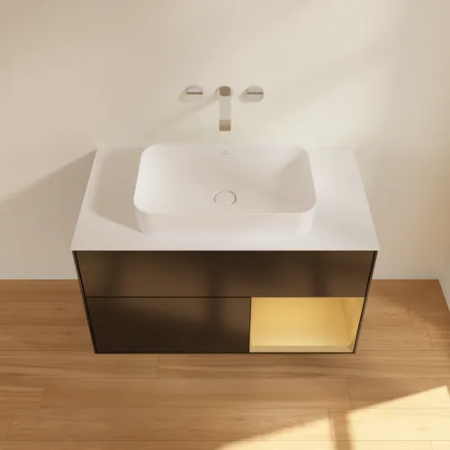 Bild von VILLEROY BOCH Finion Waschbeckenunterschrank, mit Beleuchtung, 2 Auszüge, 1000 x 603 x 501 mm, Black Matt Lacquer / Gold Matt Lacquer / Glass White Matt #F661HFPD