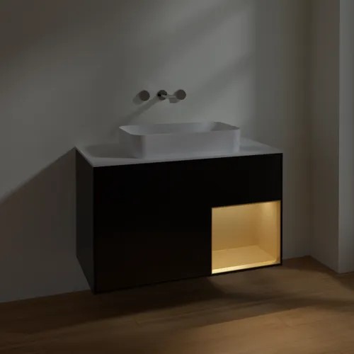 Bild von VILLEROY BOCH Finion Waschbeckenunterschrank, mit Beleuchtung, 2 Auszüge, 1000 x 603 x 501 mm, Black Matt Lacquer / Gold Matt Lacquer / Glass White Matt #F661HFPD