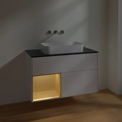 Bild von VILLEROY BOCH Finion Waschbeckenunterschrank, mit Beleuchtung, 2 Auszüge, 1000 x 603 x 501 mm, Glossy White Lacquer / Gold Matt Lacquer / Glass Black Matt #F652HFGF