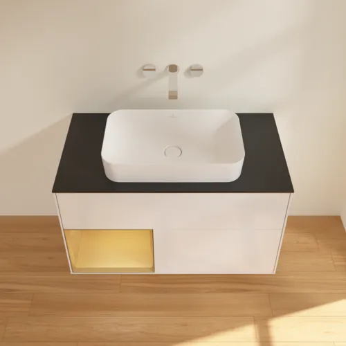 Bild von VILLEROY BOCH Finion Waschbeckenunterschrank, mit Beleuchtung, 2 Auszüge, 1000 x 603 x 501 mm, Glossy White Lacquer / Gold Matt Lacquer / Glass Black Matt #F652HFGF