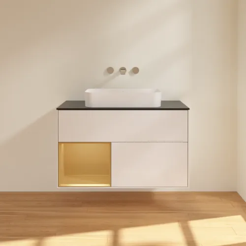 Bild von VILLEROY BOCH Finion Waschbeckenunterschrank, mit Beleuchtung, 2 Auszüge, 1000 x 603 x 501 mm, Glossy White Lacquer / Gold Matt Lacquer / Glass Black Matt #F652HFGF