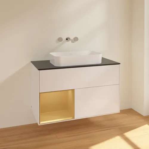 Bild von VILLEROY BOCH Finion Waschbeckenunterschrank, mit Beleuchtung, 2 Auszüge, 1000 x 603 x 501 mm, Glossy White Lacquer / Gold Matt Lacquer / Glass Black Matt #F652HFGF
