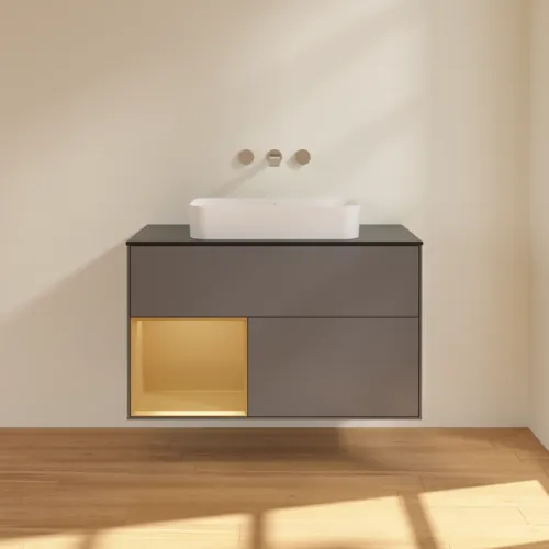 VILLEROY BOCH Finion Waschbeckenunterschrank, mit Beleuchtung, 2 Auszüge, 1000 x 603 x 501 mm, Anthracite Matt Lacquer / Gold Matt Lacquer / Glass Black Matt #F652HFGK, Bild 3