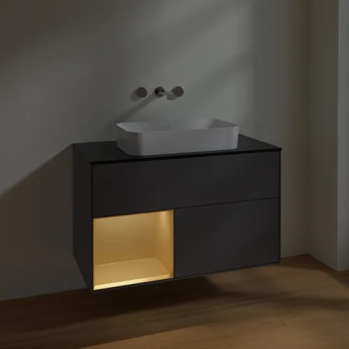 VILLEROY BOCH Finion Waschbeckenunterschrank, mit Beleuchtung, 2 Auszüge, 1000 x 603 x 501 mm, Anthracite Matt Lacquer / Gold Matt Lacquer / Glass Black Matt #F652HFGK, Bild 5