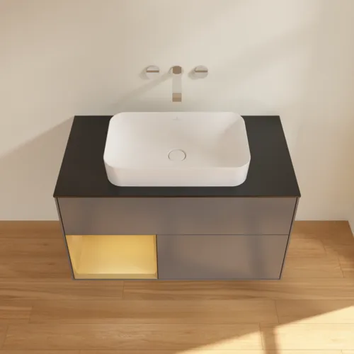 VILLEROY BOCH Finion Waschbeckenunterschrank, mit Beleuchtung, 2 Auszüge, 1000 x 603 x 501 mm, Anthracite Matt Lacquer / Gold Matt Lacquer / Glass Black Matt #F652HFGK, Bild 4