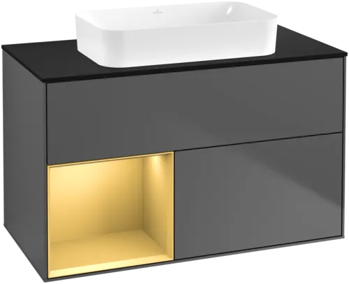 Obrázek VILLEROY BOCH Toaletní skříňka Finion, s osvětlením, 2 výsuvy, 1000 x 603 x 501 mm, antracit matný lak / zlatý matný lak / černé matné sklo #F652HFGK