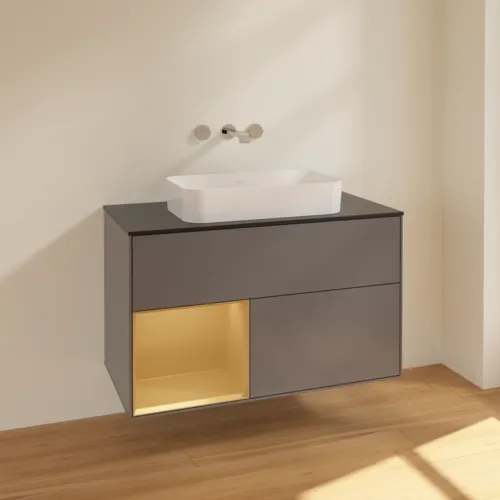 VILLEROY BOCH Finion Waschbeckenunterschrank, mit Beleuchtung, 2 Auszüge, 1000 x 603 x 501 mm, Anthracite Matt Lacquer / Gold Matt Lacquer / Glass Black Matt #F652HFGK, Bild 2