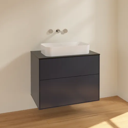 VILLEROY BOCH Finion Waschbeckenunterschrank, 2 Auszüge, 800 x 603 x 501 mm, Midnight Blue Matt Lacquer / Glass Black Matt #F63200HG, Bild 2