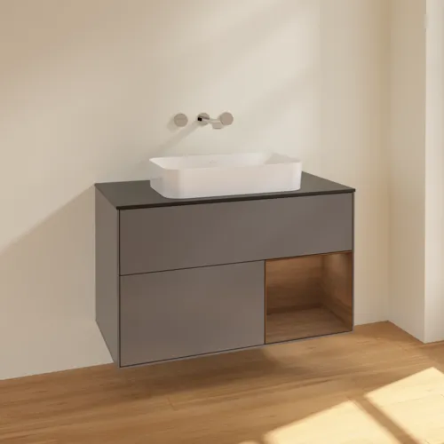 VILLEROY BOCH Finion Waschbeckenunterschrank, mit Beleuchtung, 2 Auszüge, 1000 x 603 x 501 mm, Anthracite Matt Lacquer / Walnut Veneer / Glass Black Matt #F662GNGK, Bild 2
