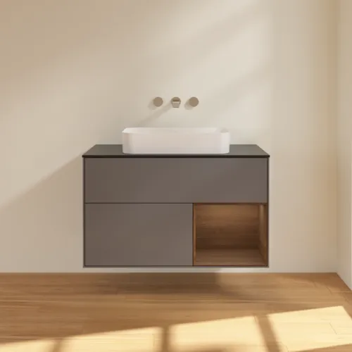 VILLEROY BOCH Finion Waschbeckenunterschrank, mit Beleuchtung, 2 Auszüge, 1000 x 603 x 501 mm, Anthracite Matt Lacquer / Walnut Veneer / Glass Black Matt #F662GNGK, Bild 3