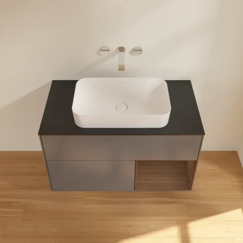 VILLEROY BOCH Finion Waschbeckenunterschrank, mit Beleuchtung, 2 Auszüge, 1000 x 603 x 501 mm, Anthracite Matt Lacquer / Walnut Veneer / Glass Black Matt #F662GNGK, Bild 4
