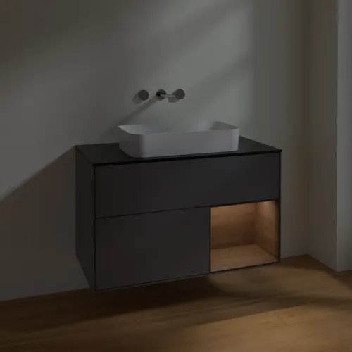 VILLEROY BOCH Finion Waschbeckenunterschrank, mit Beleuchtung, 2 Auszüge, 1000 x 603 x 501 mm, Anthracite Matt Lacquer / Walnut Veneer / Glass Black Matt #F662GNGK, Bild 5