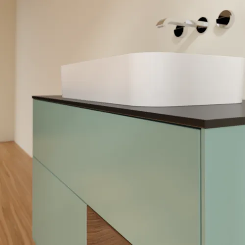 Bild von VILLEROY BOCH Finion Waschbeckenunterschrank, mit Beleuchtung, 2 Auszüge, 1000 x 603 x 501 mm, Olive Matt Lacquer / Walnut Veneer / Glass Black Matt #F662GNGM