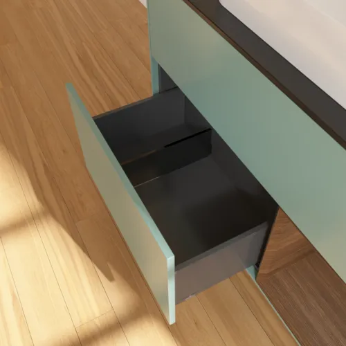 Bild von VILLEROY BOCH Finion Waschbeckenunterschrank, mit Beleuchtung, 2 Auszüge, 1000 x 603 x 501 mm, Olive Matt Lacquer / Walnut Veneer / Glass Black Matt #F662GNGM