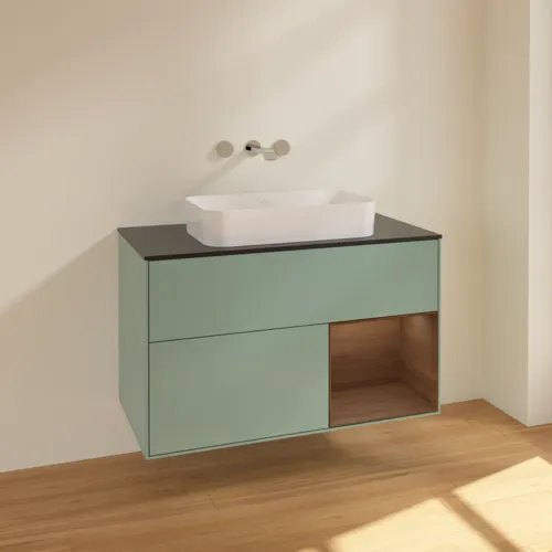 Bild von VILLEROY BOCH Finion Waschbeckenunterschrank, mit Beleuchtung, 2 Auszüge, 1000 x 603 x 501 mm, Olive Matt Lacquer / Walnut Veneer / Glass Black Matt #F662GNGM