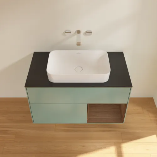 Bild von VILLEROY BOCH Finion Waschbeckenunterschrank, mit Beleuchtung, 2 Auszüge, 1000 x 603 x 501 mm, Olive Matt Lacquer / Walnut Veneer / Glass Black Matt #F662GNGM