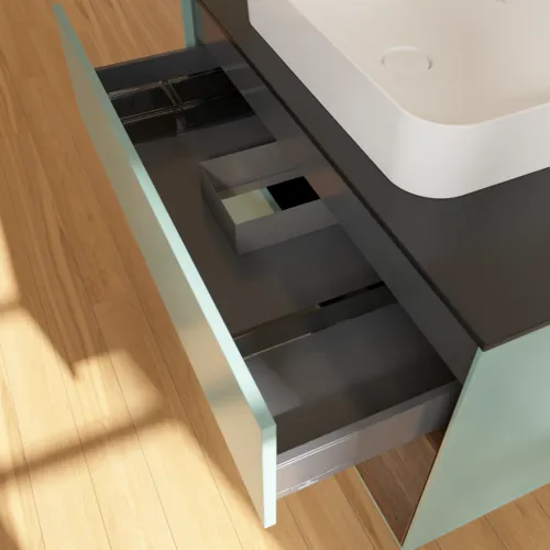 Bild von VILLEROY BOCH Finion Waschbeckenunterschrank, mit Beleuchtung, 2 Auszüge, 1000 x 603 x 501 mm, Olive Matt Lacquer / Walnut Veneer / Glass Black Matt #F662GNGM