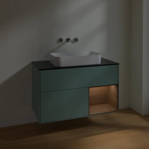 Bild von VILLEROY BOCH Finion Waschbeckenunterschrank, mit Beleuchtung, 2 Auszüge, 1000 x 603 x 501 mm, Olive Matt Lacquer / Walnut Veneer / Glass Black Matt #F662GNGM