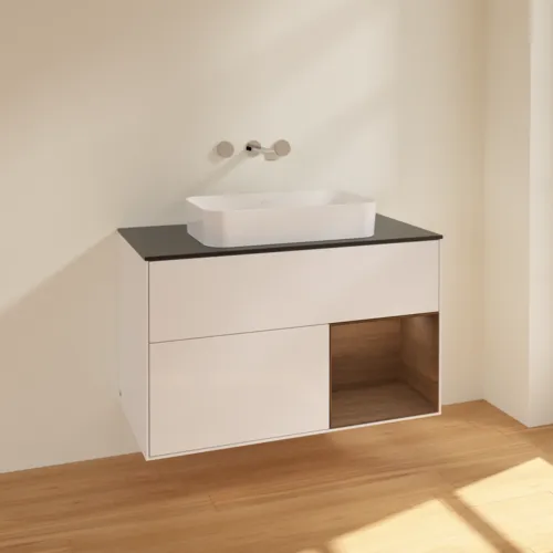 VILLEROY BOCH Finion Waschbeckenunterschrank, mit Beleuchtung, 2 Auszüge, 1000 x 603 x 501 mm, Glossy White Lacquer / Walnut Veneer / Glass Black Matt #F662GNGF, Bild 2