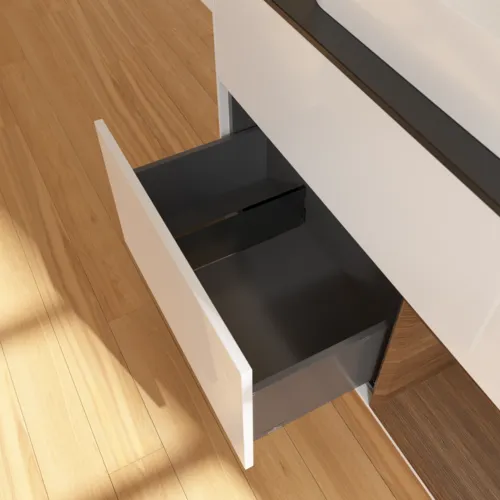 VILLEROY BOCH Finion Waschbeckenunterschrank, mit Beleuchtung, 2 Auszüge, 1000 x 603 x 501 mm, Glossy White Lacquer / Walnut Veneer / Glass Black Matt #F662GNGF, Bild 7