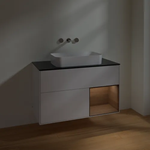 VILLEROY BOCH Finion Waschbeckenunterschrank, mit Beleuchtung, 2 Auszüge, 1000 x 603 x 501 mm, Glossy White Lacquer / Walnut Veneer / Glass Black Matt #F662GNGF, Bild 5