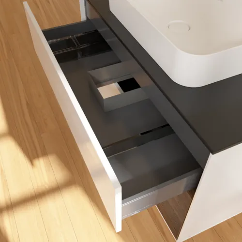 VILLEROY BOCH Finion Waschbeckenunterschrank, mit Beleuchtung, 2 Auszüge, 1000 x 603 x 501 mm, Glossy White Lacquer / Walnut Veneer / Glass Black Matt #F662GNGF, Bild 8