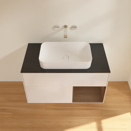 VILLEROY BOCH Finion Waschbeckenunterschrank, mit Beleuchtung, 2 Auszüge, 1000 x 603 x 501 mm, Glossy White Lacquer / Walnut Veneer / Glass Black Matt #F662GNGF, Bild 4