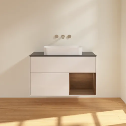 VILLEROY BOCH Finion Waschbeckenunterschrank, mit Beleuchtung, 2 Auszüge, 1000 x 603 x 501 mm, Glossy White Lacquer / Walnut Veneer / Glass Black Matt #F662GNGF, Bild 3