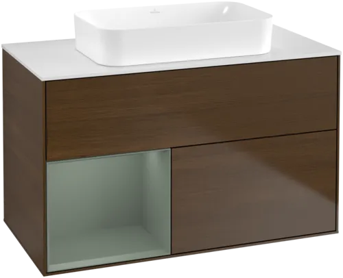 Picture of VILLEROY BOCH Finion Vanity unit, with lighting, 2 pull-out compartments, 1000 x 603 x 501 mm, Walnut Veneer / Olive Matt Lacquer / Glass White Matt #F651GMGN