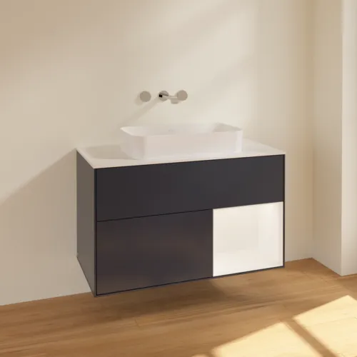 Bild von VILLEROY BOCH Finion Waschbeckenunterschrank, mit Beleuchtung, 2 Auszüge, 1000 x 603 x 501 mm, Midnight Blue Matt Lacquer / White Matt Lacquer / Glass White Matt #F661MTHG
