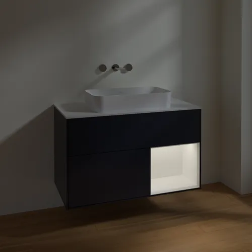 Bild von VILLEROY BOCH Finion Waschbeckenunterschrank, mit Beleuchtung, 2 Auszüge, 1000 x 603 x 501 mm, Midnight Blue Matt Lacquer / White Matt Lacquer / Glass White Matt #F661MTHG