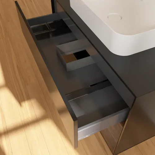 Bild von VILLEROY BOCH Finion Waschbeckenunterschrank, mit Beleuchtung, 2 Auszüge, 1000 x 603 x 501 mm, Black Matt Lacquer / Walnut Veneer / Glass Black Matt #F662GNPD