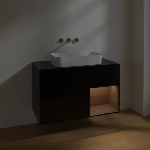 Bild von VILLEROY BOCH Finion Waschbeckenunterschrank, mit Beleuchtung, 2 Auszüge, 1000 x 603 x 501 mm, Black Matt Lacquer / Walnut Veneer / Glass Black Matt #F662GNPD