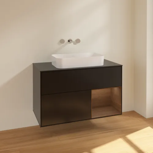 Bild von VILLEROY BOCH Finion Waschbeckenunterschrank, mit Beleuchtung, 2 Auszüge, 1000 x 603 x 501 mm, Black Matt Lacquer / Walnut Veneer / Glass Black Matt #F662GNPD