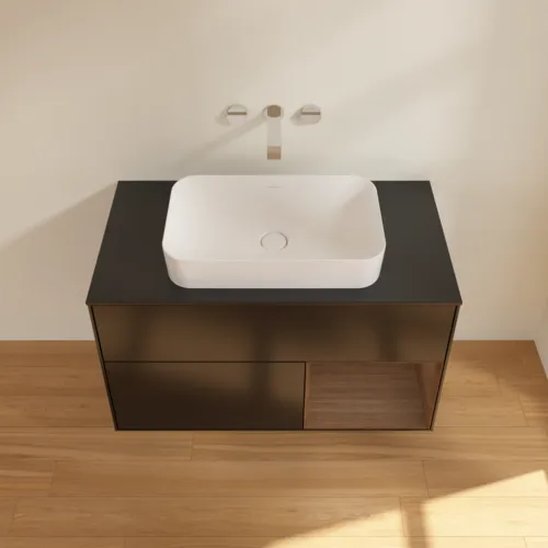 Bild von VILLEROY BOCH Finion Waschbeckenunterschrank, mit Beleuchtung, 2 Auszüge, 1000 x 603 x 501 mm, Black Matt Lacquer / Walnut Veneer / Glass Black Matt #F662GNPD