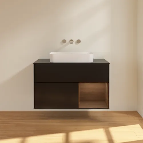 Bild von VILLEROY BOCH Finion Waschbeckenunterschrank, mit Beleuchtung, 2 Auszüge, 1000 x 603 x 501 mm, Black Matt Lacquer / Walnut Veneer / Glass Black Matt #F662GNPD