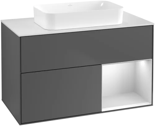 Obrázek VILLEROY BOCH Toaletní skříňka Finion, s osvětlením, 2 výsuvy, 1000 x 603 x 501 mm, antracitový matný lak / bílý matný lak / bílé matné sklo #F661MTGK