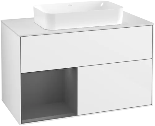 Obrázek VILLEROY BOCH Umyvadlová skříňka Finion, s osvětlením, 2 výsuvy, 1000 x 603 x 501 mm, lesklý bílý lak / antracitový matný lak / bílé matné sklo #F651GKGF