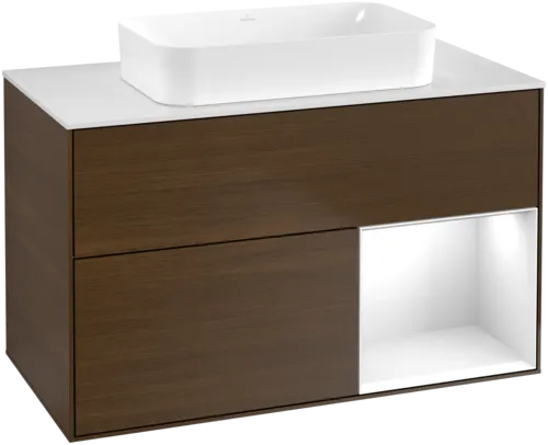 Picture of VILLEROY BOCH Finion Vanity unit, with lighting, 2 pull-out compartments, 1000 x 603 x 501 mm, Walnut Veneer / Glossy White Lacquer / Glass White Matt #F661GFGN