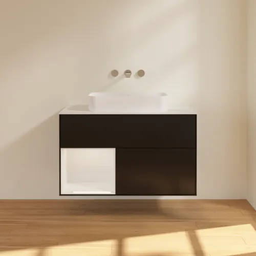Bild von VILLEROY BOCH Finion Waschbeckenunterschrank, mit Beleuchtung, 2 Auszüge, 1000 x 603 x 501 mm, Black Matt Lacquer / Glossy White Lacquer / Glass White Matt #F651GFPD