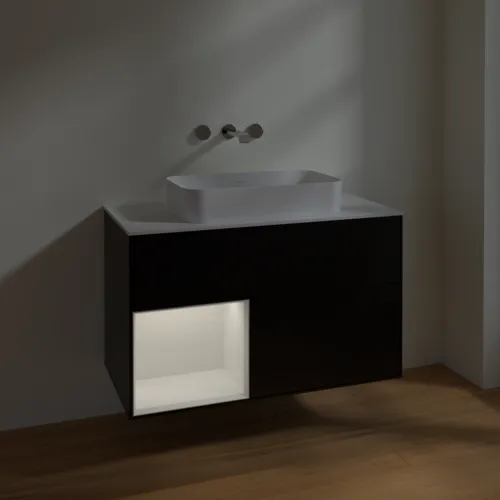 Bild von VILLEROY BOCH Finion Waschbeckenunterschrank, mit Beleuchtung, 2 Auszüge, 1000 x 603 x 501 mm, Black Matt Lacquer / Glossy White Lacquer / Glass White Matt #F651GFPD