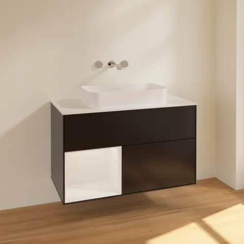 Bild von VILLEROY BOCH Finion Waschbeckenunterschrank, mit Beleuchtung, 2 Auszüge, 1000 x 603 x 501 mm, Black Matt Lacquer / Glossy White Lacquer / Glass White Matt #F651GFPD