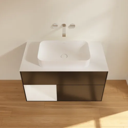 Bild von VILLEROY BOCH Finion Waschbeckenunterschrank, mit Beleuchtung, 2 Auszüge, 1000 x 603 x 501 mm, Black Matt Lacquer / Glossy White Lacquer / Glass White Matt #F651GFPD