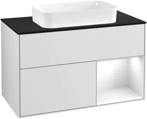 Obrázek VILLEROY BOCH Umyvadlová skříňka Finion, s osvětlením, 2 výsuvy, 1000 x 603 x 501 mm, bílý matný lak / bílý lesklý lak / černé matné sklo #F662GFMT